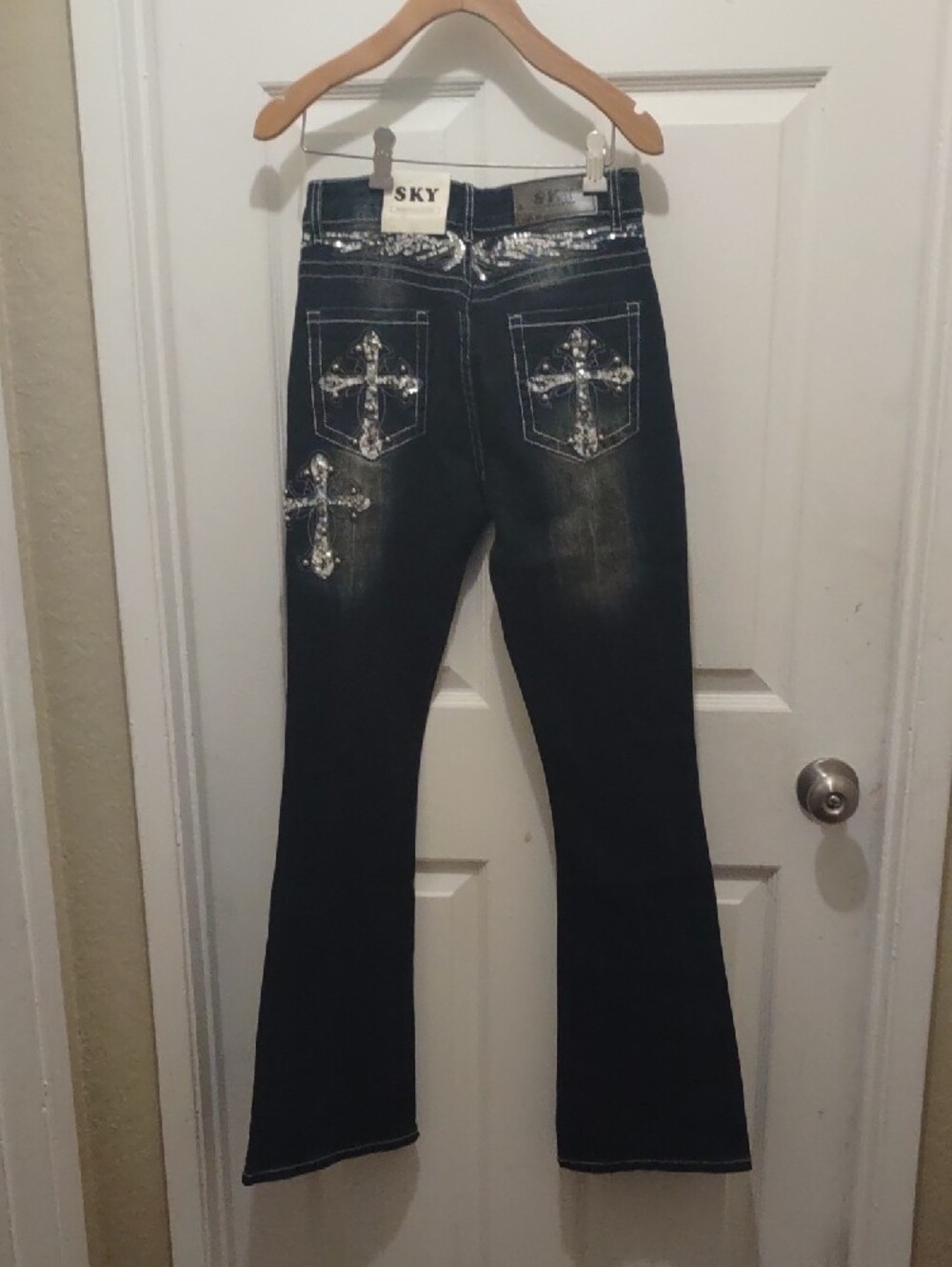 Sky Black Flare Jeans with Silver Cross Embellishments Size 5 New - Picture 3 of 8